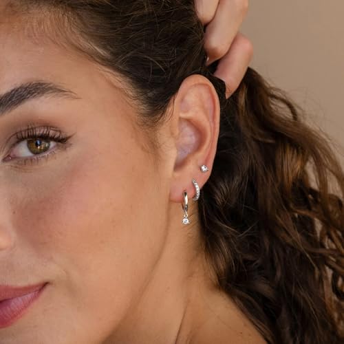 3 Pairs Mini Hoop Earrings Set Turquoise Cubic Zirconia Huggie Hoop Cartilage Earring Ear Cuff for Women (Turquoise/CZ) - color: Style B-Silver