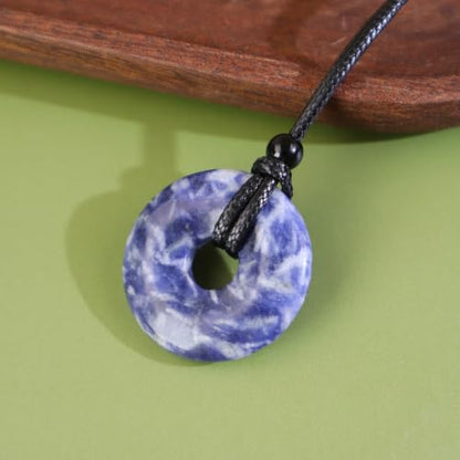 FANASY Natural Gemstone Pendant Necklce Lucky Coin Crystal Necklace Protection Donut Pendnat with Adjustable Rope for Men Women - color: Blue Spot Jasper