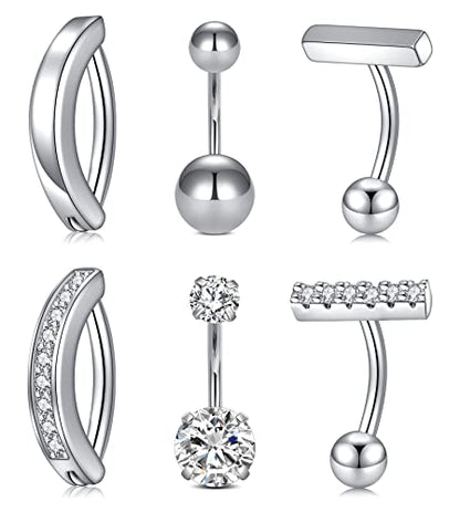 QWALIT Belly Rings - Short Bar Belly Button Rings in Surgical Steel with Opal Stones - 6mm & 10mm - color: A21-Silver 10mm -6pcs