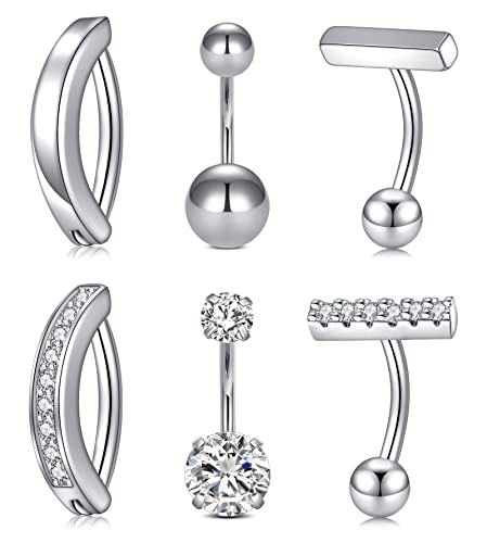 QWALIT Belly Rings - Short Bar Belly Button Rings in Surgical Steel with Opal Stones - 6mm & 10mm - color: A21-Silver 10mm -6pcs