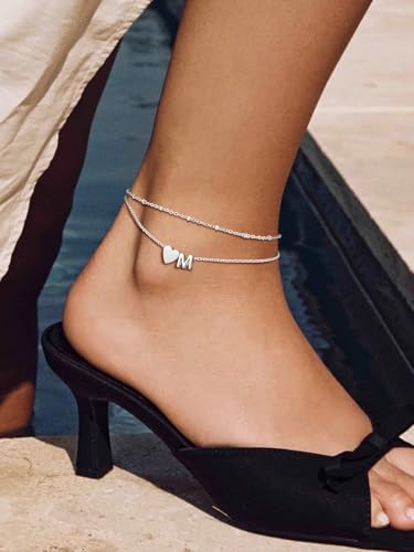 Suplight Initial Ankle Bracelets for Women 14K Gold Plate Waterproof No Tarnish Anklets Layered Heart Letter Anklet Adjustable Plus Size Foot Chain Summer Beach Boho Jewelry Silver Black 8.5-10 Inch - color: Silver, style: 5.E