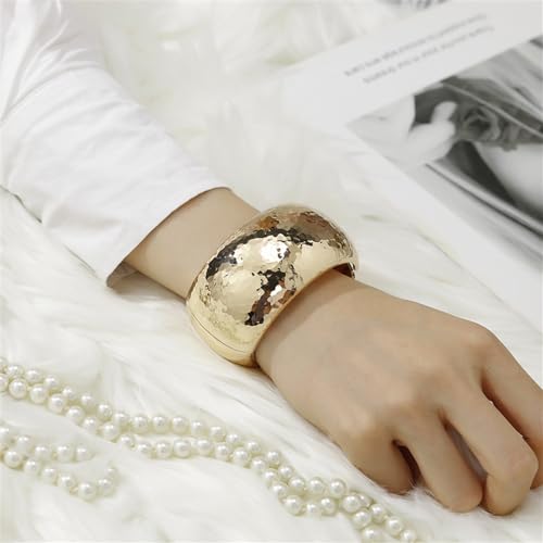 Hammered Wide Chunky Bangle Bracelets for Women Dainty Minimalist Cuff Wrist Open Bangles Statement Unique Exaggerate Trendy Jewelry Gift - color: Gold-tone