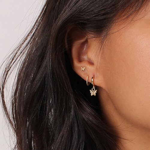 3 Pairs Earring Stacks, Gold Earring Set Jewelry Gift for Women | Small, 14K Gold/White Gold/Black/Rose Gold Plated, Hypoallergenic, Her, Everday, Stackable, Simple, 3 Holes - color: Gold-Butterfly