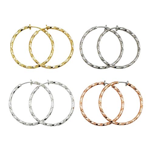LAXPICOL Twisted Clip On Earrings 4PCS Different Color Gold Silver Black Rose 1.18IN .57IN .96IN .36IN Hoop Earrings Clip On Earrings for Women No Piercing - color: 1.57in