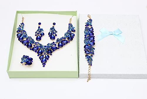 Jewelry Set for Women, Statement Necklace Dangle Earrings Bracelet Ring, White/KC Gold Plated Jewelry Set with Rhinestone Pearl Crystal Wedding Party Jewelry for Bridal Bridesmaid - color: Blue-Gold Plated