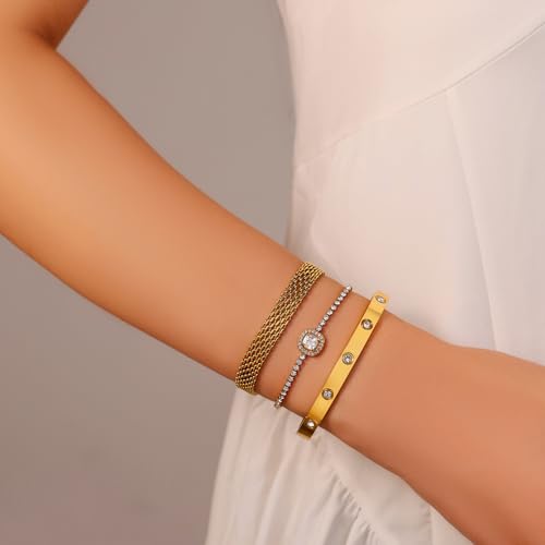 18K Gold Plated Bangle Bracelet Set for women,Cubic Zirconia Classic Stainless Steel Adjustable Gold Tennis Love Bracelets Stack for women and men - color: Stone Love Set