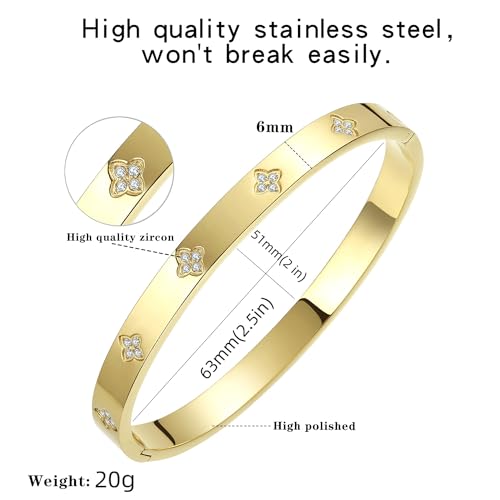 14K Gold Plated Four Leaf Clover Bangle Bracelet | Stainless Steel Lucky Love Cuff with Cubic Zirconia, Hypoallergenic Jewelry Gift for Women - color: Clover Gold-Medium