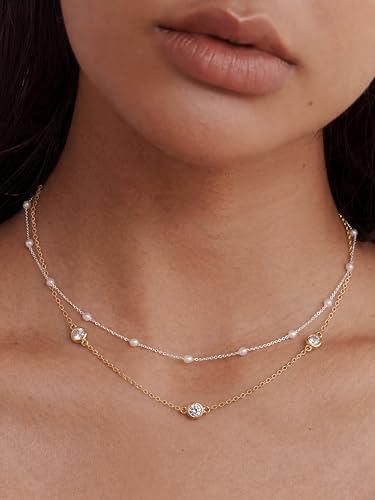 Tewiky Dainty 14k Gold Plated/Silver Cubic Zirconia Necklaces for Women, Simple CZ Jewelry Necklaces Trendy Gifts - color: Gold five choker CZ