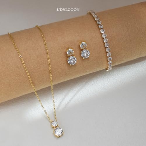 3-Piece Cubic Zirconia Wedding Jewelry Set for Women Bride Bridesmaid Gift | Hypoallergenic, Earrings Necklace Adjustable Bracelet for Prom Formal Parties - color: 14K Gold
