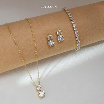 3-Piece Cubic Zirconia Wedding Jewelry Set for Women Bride Bridesmaid Gift | Hypoallergenic, Earrings Necklace Adjustable Bracelet for Prom Formal Parties - color: 14K Gold
