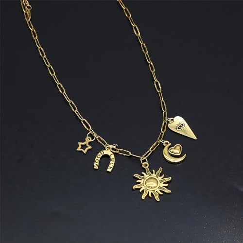 JNF Cute Shell Conch Boho Charm Necklace for Women Sun Moon Star Coin Heart Flower Boot Bow Charms Necklaces Summer Beach Jewelry - color: moon charm sun necklace