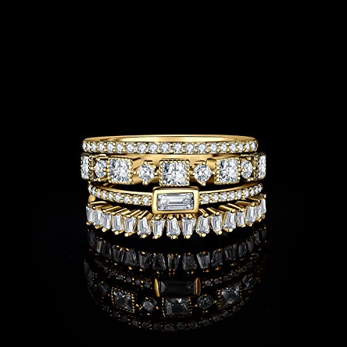 JewelryPalace Princess Emerald Cut CZ Stackable Wedding Ring Eternity Bands for Women, Cubic Zirconia 925 Sterling Silver 14k Yellow Rose Gold Plated Promise Ring for Her, 4pc Anniversary Ring Sets - color: E-4Pcs-Yellow Gold Plated