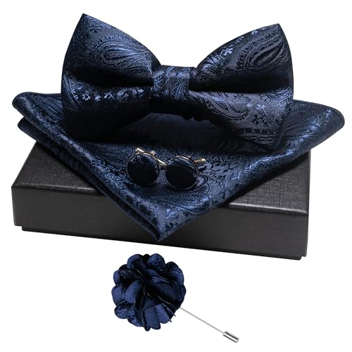 JEMYGINS Mens Paisley Bow Tie and Lapel Pin Necktie Pocket Square and Tie Clip with Sets for Business Casual 4PCS - color: Navy Blue