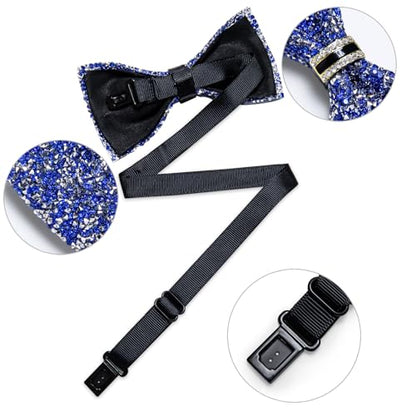 DiBanGu Mens Rhinestone Bow Tie with Ring and Lapel Pin Set | Adjustable Strap,Pre-tied Style,3PCS,Sequin Diamond Bowties，Solid/Mix Color,Shiny Accessory,for Party Prom Banquet Wedding - color: Blue and Silver