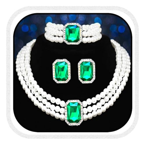 Brishow Pearl Necklace Jewelry Set Wedding Pearls Earrings Necklaces Set Bridal Crystal Bracelet Jewelry for Women (Pack of 3) - color: Green, size: 3 Layered
