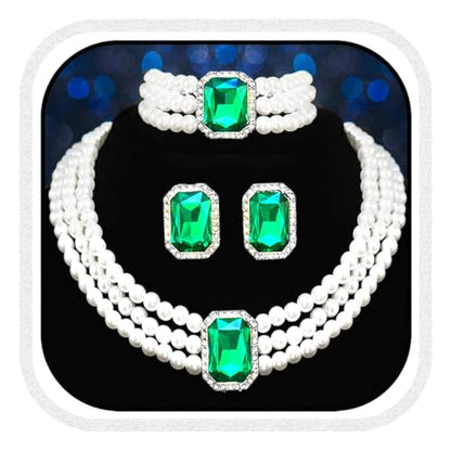 Brishow Pearl Necklace Jewelry Set Wedding Pearls Earrings Necklaces Set Bridal Crystal Bracelet Jewelry for Women (Pack of 3) - color: Green, size: 3 Layered