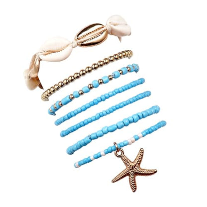 Bohemian Stackable Shell Beaded Ankle Bracelets for Women Colorful Boho Multi-Layer Seashell Gold Starfish Adjustable Handmade Braid Bracelet Summer Beach Holiday Accessories Gifts - color: Blue