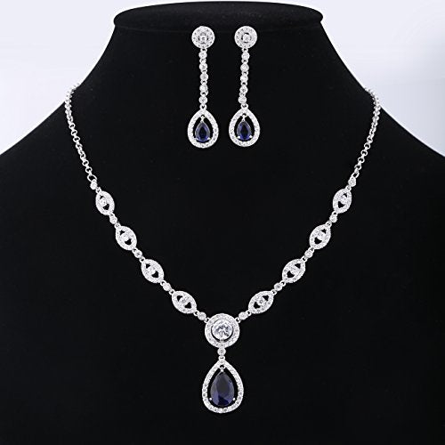 GULICX AAA Cubic Zirconia CZ Silver Plated Base Women's Party Jewelry Set Earrings Pendant Necklace - color: Blue