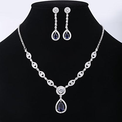 GULICX AAA Cubic Zirconia CZ Silver Plated Base Women's Party Jewelry Set Earrings Pendant Necklace - color: Blue