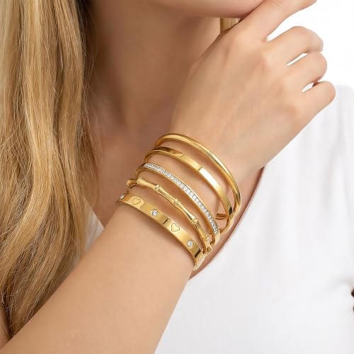 Camhanno Gold Bangle Bracelets for Women Trendy Waterproof - 18K Gold Plated Stackable Bamboo Style Stainless Steel Bracelets Non Tarnish Fashion Jewelry Gifts for Women