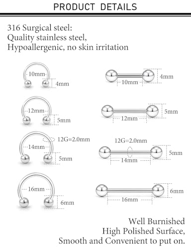 14G 16G 12G Nipple Piercings Tongue Rings Externally Threaded Hypoallergenic 316L Surgical Steel Nipple Hoops Tongue Barbell Piercing Jewelry for Women Men 12mm 14mm 16mm 19mm 22mm - color: Silver-12G-10mm 12mm 14mm 16mm Bars/4mm 5mm 6mm Balls