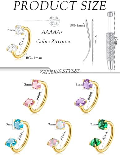 Akeoqi Horseshoe Nose Rings 316L Surgical Steel Half Hoop Earrings for Women Internally Threaded Cartilage Helix Tragus Earrings Double CZ Eyebrow Lip Piercing 18G 20G 8MM Silver Gold Plated - color: Gold,Colorful CZ
