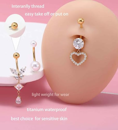 TIANCI FBYJS 3pcs G23 Titanium Pink Belly Button Rings Internally Threaded 10mm Clicker Reverse Curved Hoop Navel Barbell Piercing Jewelry CZ Belly Rings for Women Men - color: gold set 8