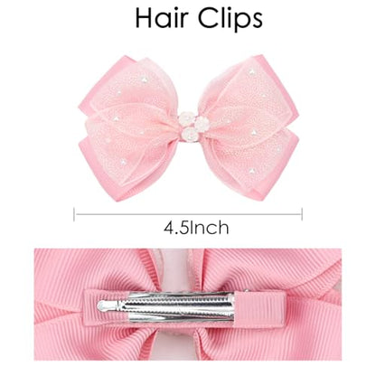 KISZU 4.5 Inch Flower Hair Bows Clips Mermaid Pearl HairPins for Girls Children Teens and Women - color: Deep Pink