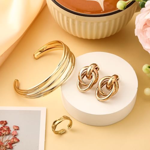 Misdary 3 Pcs Jewelry Gifts Set Bracelets Earrings Ring Cuff Bangle for Women Wedding Birthday Gifts - color: Gold, style: Irregular