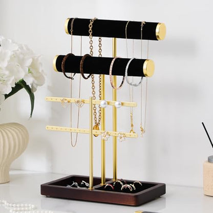 modern T-shaped jewelry rack, jewelry tower, gold metal, square ceramic base decoration display tower, necklace, bracelet, ring storage rack (2-layer black velvet) - style: 2-layer black velvet