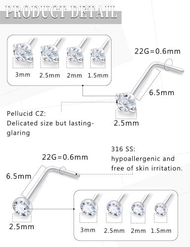 18G 20G 22G Round Cubic Zirconia Nose Rings Studs for Women Men 316L Stainless Surgical Steel Nose Ring Stud Piercing Jewelry Silver Gold Clear CZ 1.5mm 2mm 2.5mm 3mm - style: 22G L Shaped Silver