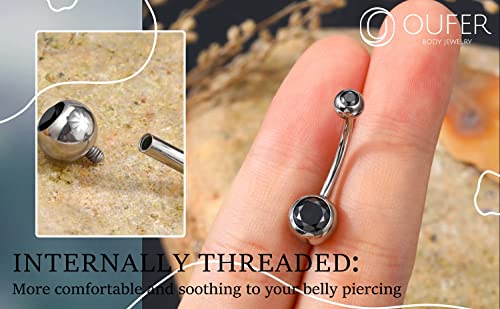 OUFER Titanium Belly Button Rings, Internally Threaded Belly Ring, Round CZ Navel Rings for Women Men - color: Black CZ, size: 1.6*10MM
