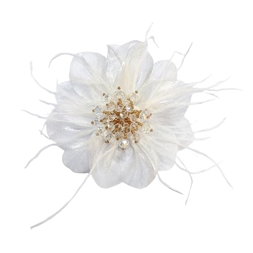 4" Crystal Feather Flower Brooch Pin for Women Girls Dainty Bright Satin Rhinestone Floral Brooches Lapel Hair Pins Elegant Wedding Cocktail Prom Party Hat Bag Suit Clothing Dress Accessories Jewelry Gift - color: White