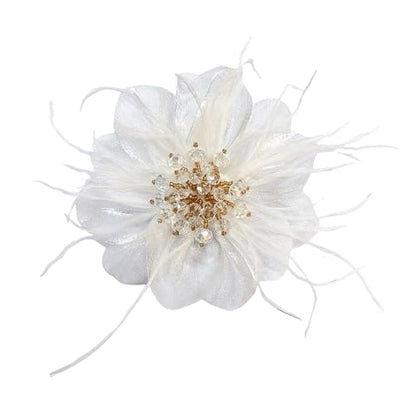 4" Crystal Feather Flower Brooch Pin for Women Girls Dainty Bright Satin Rhinestone Floral Brooches Lapel Hair Pins Elegant Wedding Cocktail Prom Party Hat Bag Suit Clothing Dress Accessories Jewelry Gift - color: White