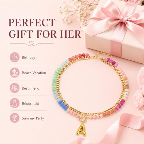 Colorful Beaded Bubble Letter Necklace For Women, Boho Double Layer Dopamine Rainbow Resin Beads Thick Cuban Chain Chunky With Initials Pendant Necklaces Summer Beach Jewelry Gift ﻿ - color: Dop C