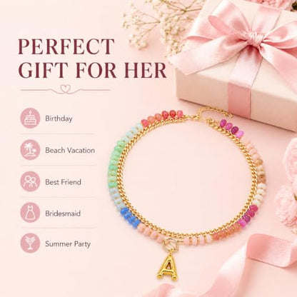 Colorful Beaded Bubble Letter Necklace For Women, Boho Double Layer Dopamine Rainbow Resin Beads Thick Cuban Chain Chunky With Initials Pendant Necklaces Summer Beach Jewelry Gift ﻿ - color: Dop C