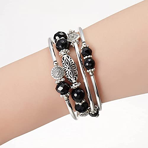 FULU AUTUMN Stackable Beaded Bracelets for Women Boho Wrap Silver Bracelet Layered Fashion Jewelry Gifts for Her - color: Black