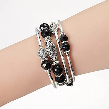 FULU AUTUMN Stackable Beaded Bracelets for Women Boho Wrap Silver Bracelet Layered Fashion Jewelry Gifts for Her - color: Black