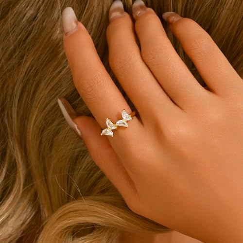 Adjustable Rings for Women 18K Gold Plated daisy Flower Butterfly Ball Cubic Zirconia Rings Dainty Open Stacking Ring - color: Double Butterfly-Gold
