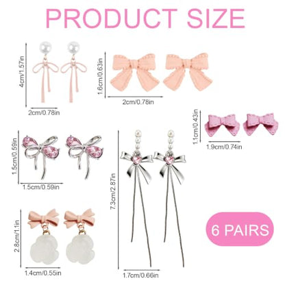 6 Pcs Pink Bow Earrings for Women, Light Pink Bow Earring Set | with Flowers Pearl Tassel Designs, Ribbon Stud Dangle Earrings Jewelry Collection