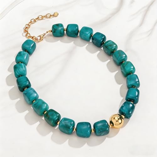 Colorful Statement Chunky Beaded Necklace for Women Large Square Resin Beads Y2K Trendy Bold Summer Vacation Boho Choker Jewelry - color: Turquoise