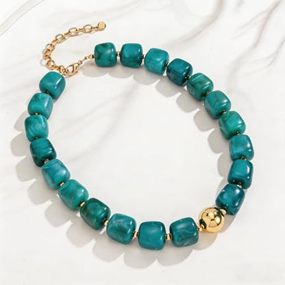 Colorful Statement Chunky Beaded Necklace for Women Large Square Resin Beads Y2K Trendy Bold Summer Vacation Boho Choker Jewelry - color: Turquoise
