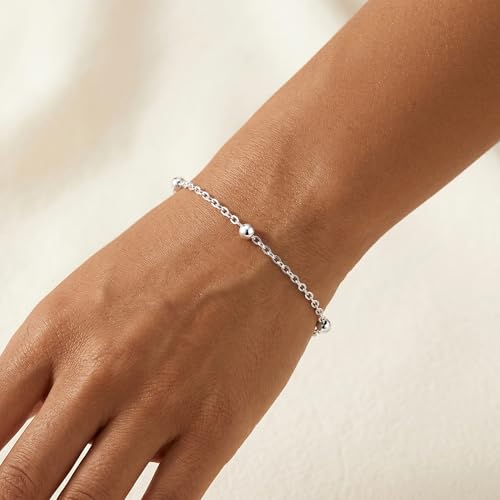 925 Sterling Silver Chain Bracelet, Beaded Satellite Chain Fine Jewelry for Women Holiday Gift with Flannel Bag Adjustable 6.5-8 Inches - color: 7.5 IN