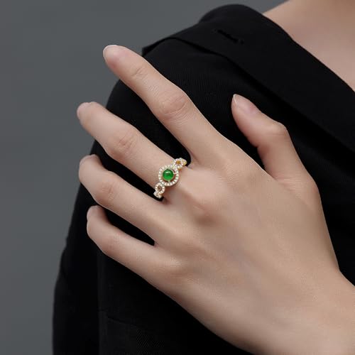 MRW Rings For Women Handmade Natura Green 925 Sterling Silver Gold Plated Zircon Ring Jewelry For Women - color: NATURAL JADE（Circular Design）