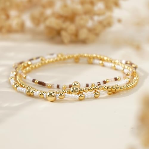 Gold Beaded Bracelet Stack for Women Colorful Small Seed Beads Bracelets Set Boho 14K Gold Plated Ball Stackable Stretch Non-Tarnish Dainty Jewelry Trendy Accessory Friendship Gift - color: brown and white