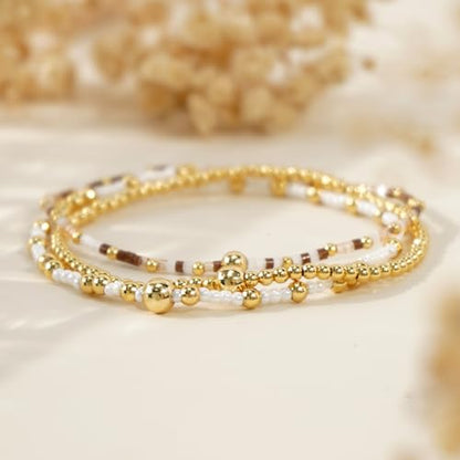 Gold Beaded Bracelet Stack for Women Colorful Small Seed Beads Bracelets Set Boho 14K Gold Plated Ball Stackable Stretch Non-Tarnish Dainty Jewelry Trendy Accessory Friendship Gift - color: brown and white