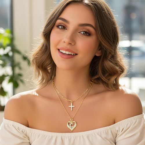 14K Gold Plated Layering Necklaces,Heart Initial Layered Necklace Cross Pendant Necklace Charm Personalized Stackable Jewelry Gift for Her - style: D