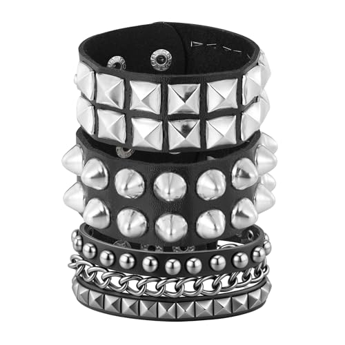 Mens Bracelet Braided Leather Punk Rock Cuff Bracelets Wrap Bracelet for Men Women Black - color: E3:3PCS