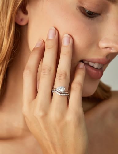EAMTI 1.5CT Bridal Ring Sets Pear Cut CZ Promise Engagement Rings Curved Wedding Bands for Women Travel Ring Size 4-10 - color: Silver