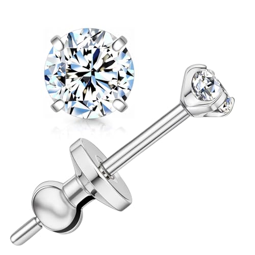 Limerencia Moissanite Stud Earrings, F136 Titanium Screw Back Earrings, D Color VVS1 Clarity Lab-created Moissanite Earrings, Hypoallergenic G23 Pure Titanium for Women Men Sensitive Ears - color: White Gold B, size: 3mm